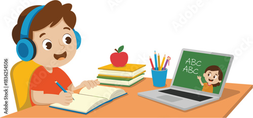 Child learning online cartoon illustration, virtual classroom, education technology, distance learning, vector graphic, school desk, art, study, fun