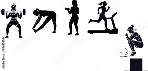 Women's Fitness Workout Silhouettes: Strength Training, Aerobics, and Stretching Icons