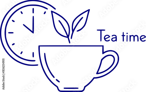 Simple line art of tea time concept with leaf and clock outline
