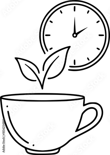 Simple line art of tea time concept with leaf and clock outline
