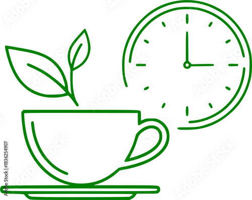 Simple line art of tea time concept with leaf and clock outline
