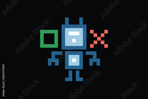 Cartoon pixel art of humanoid robot learning toy robotic engineer bot machine business vector character automation electronic background 8 bit artificial intelligence android.
