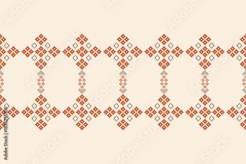 Design of cream brown color background with ethnic pattern traditional motif ikat geometric fabric pattern cross stitch Ikat embroidery oriental pixel,abstract,vector,texture art.
