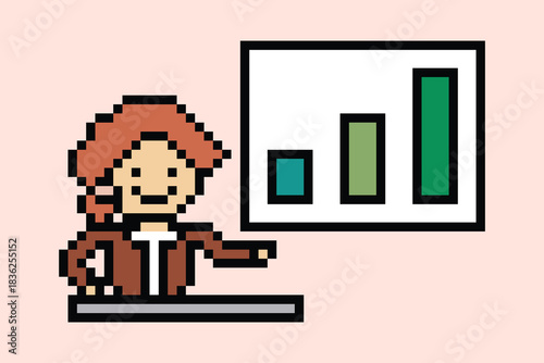 Cartoon pixel art cartoon 8bit character business woman businesswoman smart graph work decor business 8 bit female career smart character game vector.