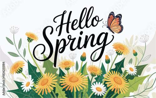 Vibrant Spring Floral Design with Butterfly: Hello Spring Graphic for Seasonal Greetings and Celebrations, Nature, Floral Illustration, Springtime