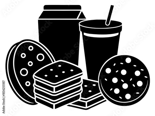 Black and white illustration of a meal with drinks and snacks