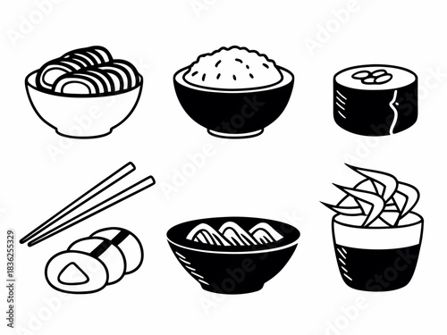 Japanese food icons featuring sushi rice and noodles