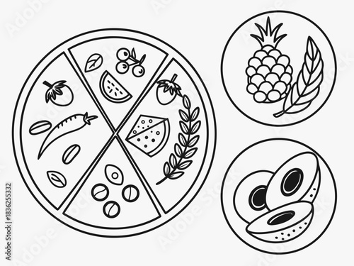 Outline illustrations of pizza toppings and fruits