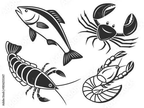 Stylized seafood icons featuring fish crab and shrimp