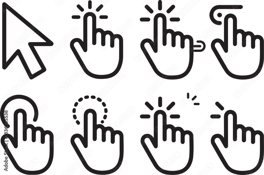 Fototapeta premium Computer mouse click cursor arrow icons set. Clicking cursor. Hand cursors icons click set. Pointer click icon. Loading icon 