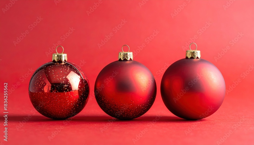 Fototapeta premium Festive red Christmas ornaments sparkle against a bright red backdrop, perfect for holiday cards and seasonal marketing campaigns