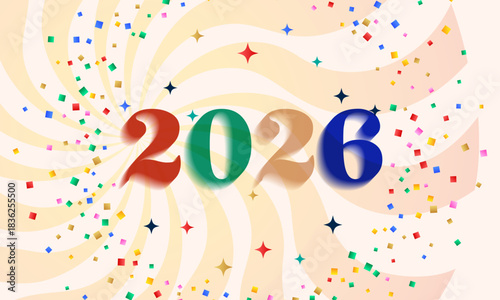 Colorful 2026 New Year celebration background with confetti and festive typography.