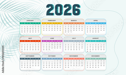 Modern 2026 annual calendar template with colorful monthly blocks and clean minimalist layout, ideal for planners, schedules, and printable organizers.