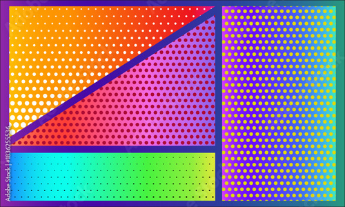 Vibrant pop art halftone background with colorful geometric panels and comic-style dot pattern, perfect for banners, posters, and social media graphics
