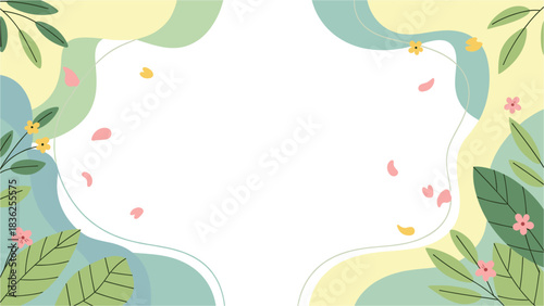 Cute Floral Background with Leaves and Flowers in Pastel Colors and Blank White Space for Text or Message, Elegant and Natural