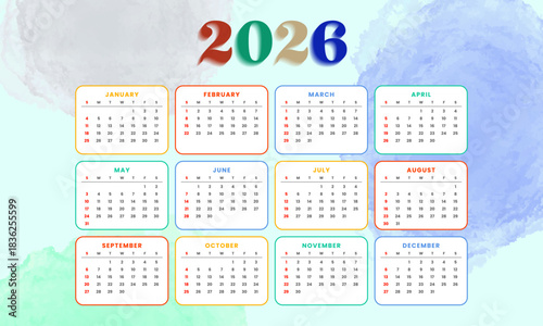 Watercolor 2026 yearly calendar template with colorful monthly blocks and artistic pastel background, perfect for planners, schedules, and printable organizers.
