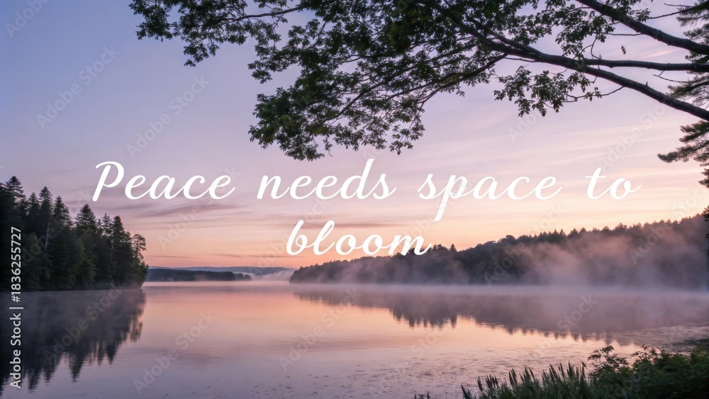 Fototapeta premium Beautiful lake with fog reflecting the gentle pastel sunset