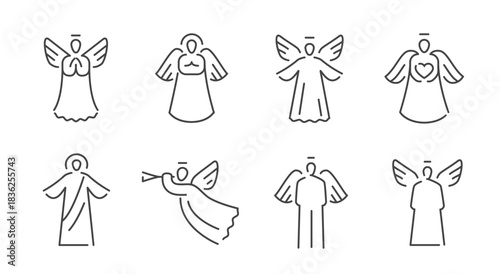 Collection of angels with wings line icons. Religion concept. Soul, faith outline symbols or signs