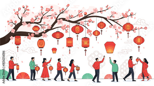 Festive Lunar New Year Celebration with Red Lanterns and Cherry Blossoms: People releasing lanterns in traditional clothing for prosperity