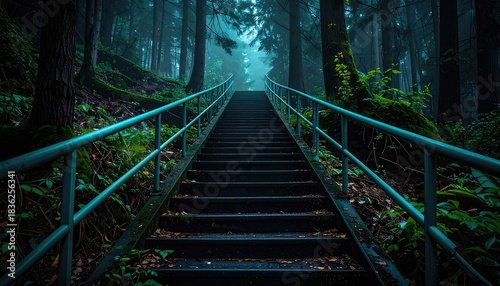 Mystical Forest Stairway: Atmospheric Path Through Lush Green Woods, Leading to Light and Adventure - Nature Photography