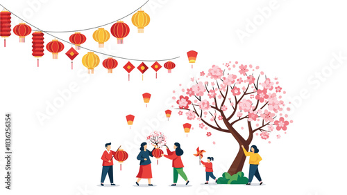 Celebrating Lunar New Year: Family with Lanterns and Cherry Blossom Tree, Festive Decorations and Colorful Lanterns, New Year Celebration, Happy Chinese New Year