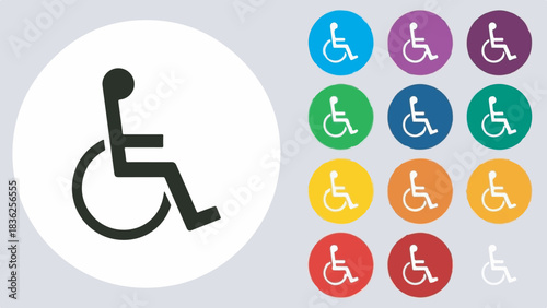 Flat design accessibility icon set with wheelchair symbol in various colors
