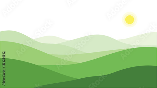Minimalist Green Hills Landscape with Sun: Peaceful Nature Scene for Website Background, Illustration, or Creative Project Inspiration and Design Element.