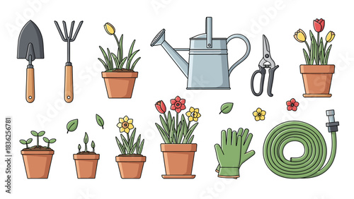 Gardening Equipment and Flowers Illustration: Shovel, Rake, Watering Can, Secateurs, Hose, Flowers in Pots and Gardening Gloves on White