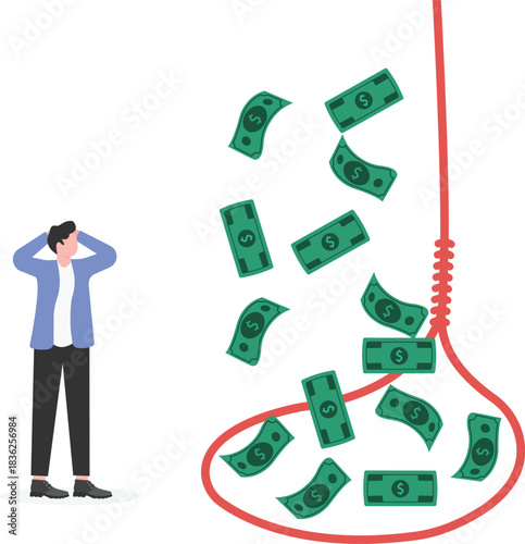 Businessman uses giant scissors and cut off fishing hook. Fight against scam, internet phishing.
