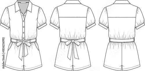 Fashion technical drawing of a short sleeve belted romper with collar and pockets