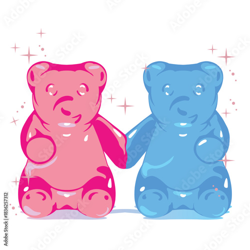 Cute gummy bear couple in pink and blue holding hands vector illustration