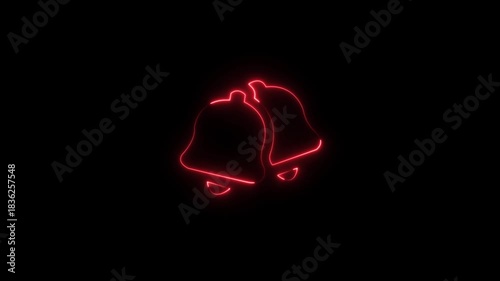 Abstract glowing neon bells icon animation with dark background.Icon with snow, Santa Claus, gift box, candy cane, bells, snowman and reindeer animation.