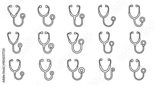Set of fifteen outline stethoscope icons for medical diagnosis and healthcare