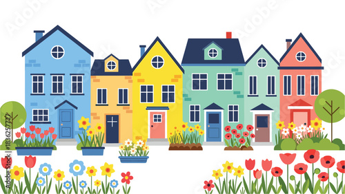 Colorful Cartoon Houses with Flowers: Neighborhood Scene, Vector Illustration for Children's Books, Illustrations, and Graphic Designs, Cheerful Spring Scenery