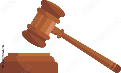Flat design illustration of wooden judge gavel and sound block, legal justice symbol for law firms, courtroom decisions, auctions and authority concepts