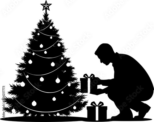 Silhouette of a man carefully placing a present under the Christmas tree.
