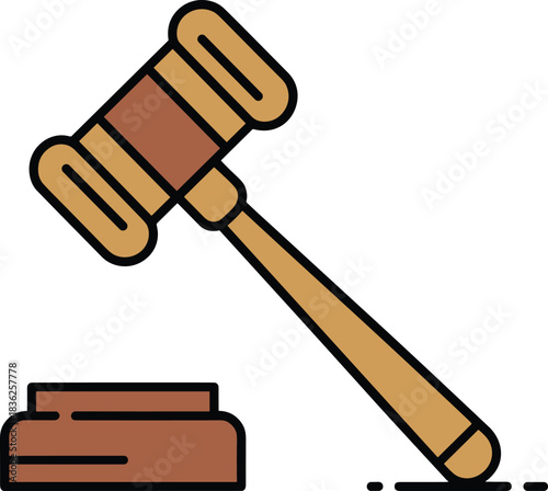 Simple line art illustration of wooden judge gavel and block, legal justice symbol for law firms, courtroom decisions, auction and authority concepts