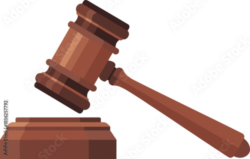 Flat design illustration of wooden judge gavel and sound block, legal justice symbol for law firms, courtroom decisions, auctions and authority concepts