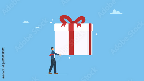 Businessman carrying gift box with ribbon. Gift reward program, bonus or surprise present for customer, employee reward or lucky prize, birthday gift box or festive incentive, special loyalty program.