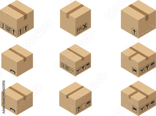 Isometric cardboard packaging boxes arranged in grid layout, 3D shipping parcel illustration with fragile symbols, delivery logistic design elements, ecommerce storage