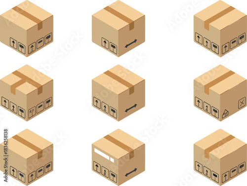 Isometric cardboard packaging boxes arranged in grid layout, 3D shipping parcel illustration with fragile symbols, delivery logistic design elements, ecommerce storage