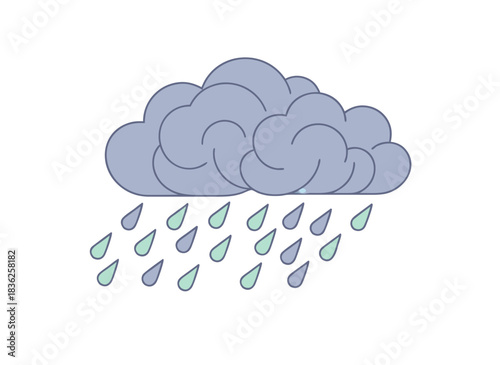 Stylized gray rain cloud with light blue and mint green raindrops falling against a black background depicting a simple illustration of a weather phenomenon