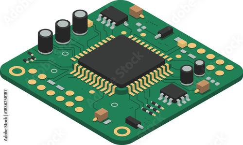 Isometric illustration of electronic circuit board with microchip, capacitors, connectors and detailed PCB components, modern technology hardware design