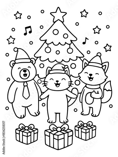​Christmas animals, bold and easy christmas coloring page for kids, cute animals caroling by a Christmas tree with wrapped presents in the foreground., children and gifts, vector image