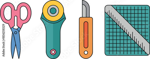 Isometric illustration set of scissors with red handles and metal blades, school office cutting tools for craft design, stationery and education materials