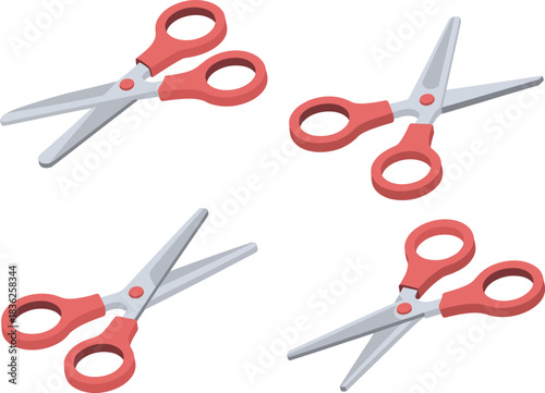 Isometric illustration set of scissors with red handles and metal blades, school office cutting tools for craft design, stationery and education materials