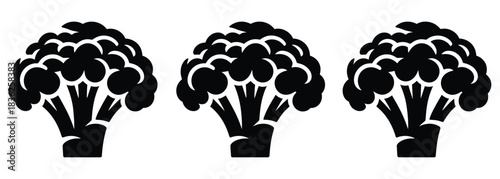 Three fresh broccoli florets isolated on white background for healthy food ads, simple vegetable icons for nutrition blogs, and organic produce branding for farm-to-table restaurants