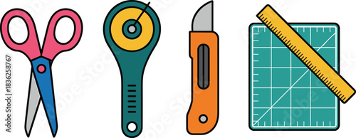Isometric illustration set of scissors with red handles and metal blades, school office cutting tools for craft design, stationery and education materials