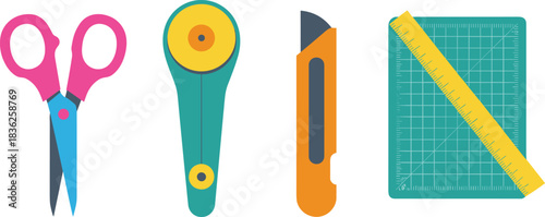 Isometric illustration set of scissors with red handles and metal blades, school office cutting tools for craft design, stationery and education materials