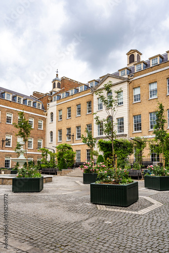 View of Heron Square, a quiet riverside development redesigned in the 1980s, blending historic facades with classic architecture, in Richmond upon Thames, south of London, England, Uk